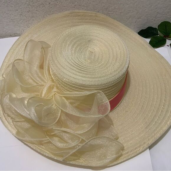 FORBUSITE Yellow and pink ribbon Lady Dress Hat Straw - Picture 3 of 8